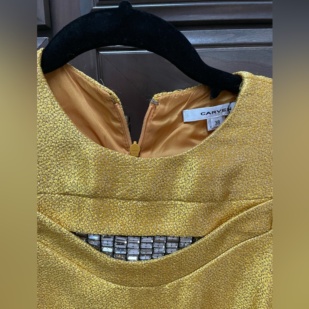 Carven Yellow Metallic Mini Belted Dress with Crystal Detail Size 38 - Picture 6 of 13